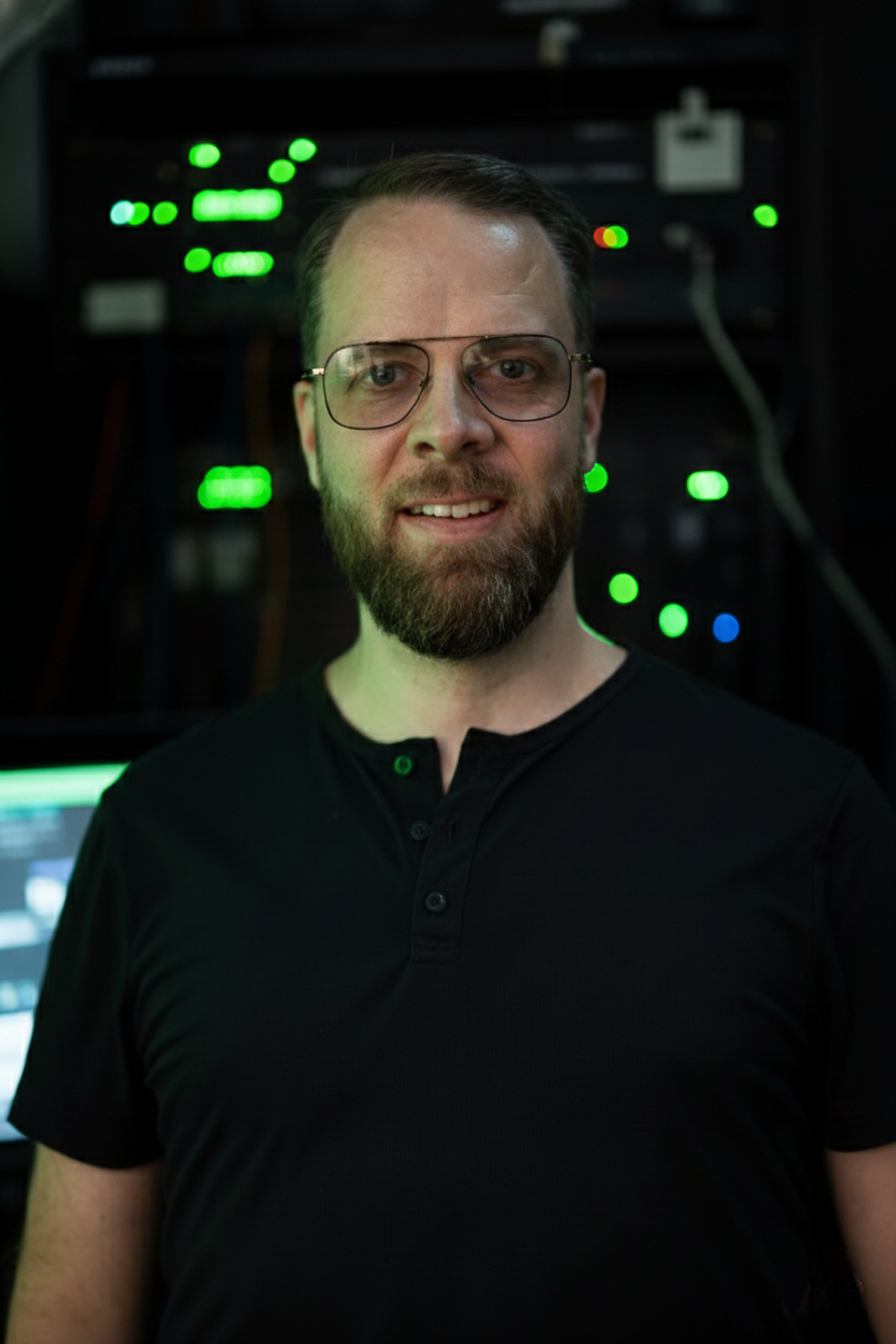 David in front of a live equipment rack — phosphor green rack lights, single amber and red and blue pips, graphite background.